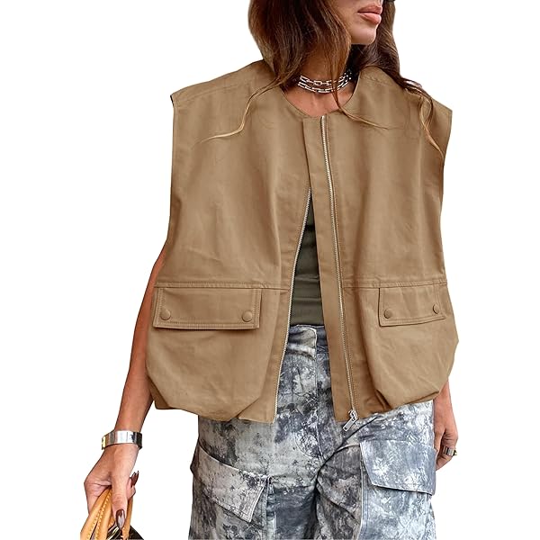 Yimoon Women's Oversized Zip Up Cargo Vest Casual Ruched Hem